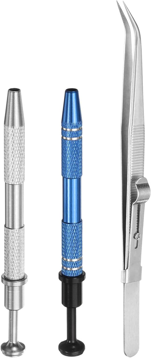 HARFINGTON 3pcs Diamond Tweezer Holder Pick Up Tool Set Stainless Steel 4 Claw Holder Elbow Head Jewelry Locking Tweezer for Tiny Objects Electronic Components, Silver/Blue