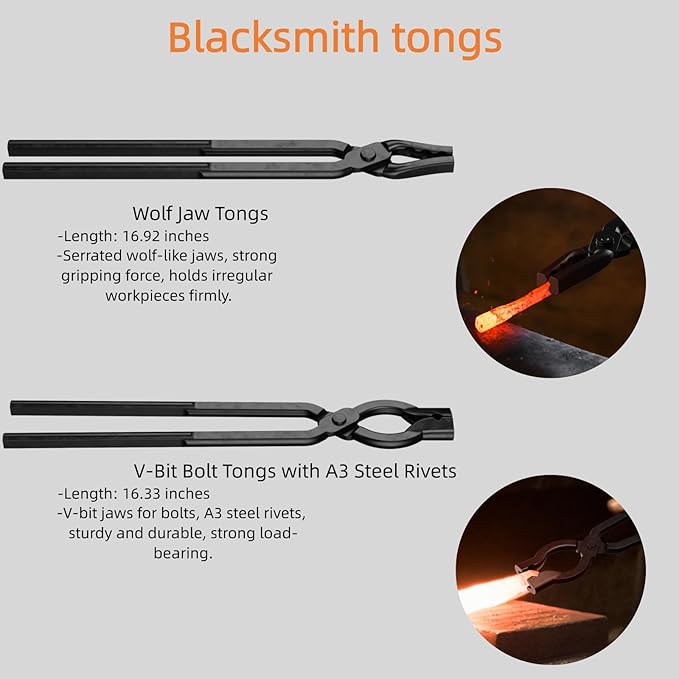 3PCS Blacksmith Tools with Blacksmith Tongs and Blacksmith Hammer, Wolf Jaw, V-Bit Bolt with A3 Steel Rivets, and Assembled Blacksmithing Tongs for Forging Tools and Equipment