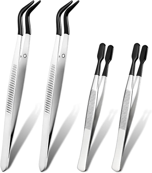 4 PCS Rubber Tipped Tweezers, PVC Coated Coated Flat and Bent Tweezers Precision Tweezer Set for Lab Industrial Crafts Stamps Beads Jewelry Coin Stamp Tongs (Black)