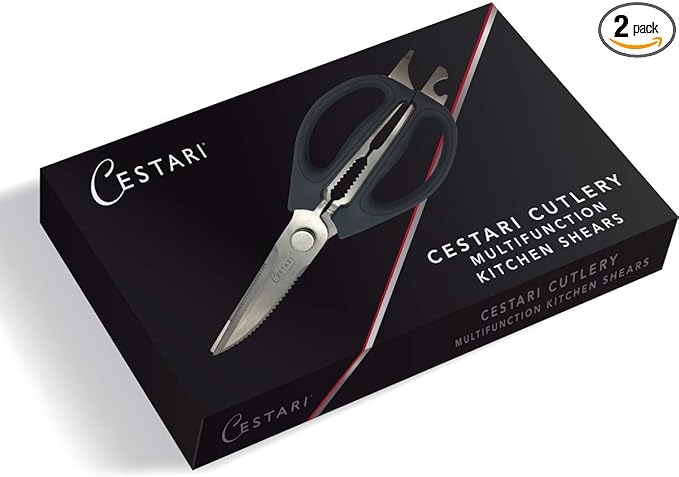Kitchen Scissors: Heavy Duty Stainless Steel Utility Kitchen Shears for Poultry, Vegetables, Meat, Seafood, Herbs | Multi-Function Cooking Scissors with Large Black Soft Grip Handles by Cestari