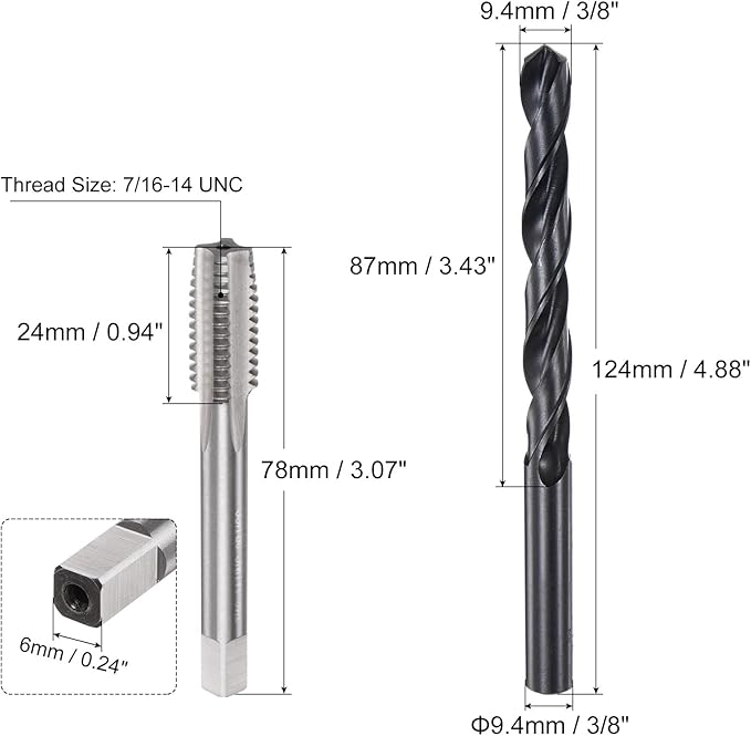 uxcell Tap and Drill Bit Set, 7/16-14 UNC Thread Tap & 3/8.9" Black Oxide Twist Drill Bit, Straight Flute Tap Tapping Threading Repair Tool Kit