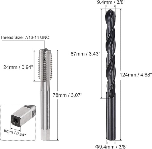 uxcell Tap and Drill Bit Set, 7/16-14 UNC Thread Tap & 3/8.9" Black Oxide Twist Drill Bit, Straight Flute Tap Tapping Threading Repair Tool Kit