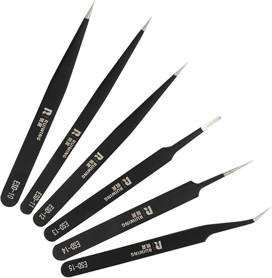 6PCS Precision Tweezers Set, ESD Anti-Static Heavy-Duty Stainless Steel Electronic Tweezers for Electronics Repair, Laboratory, Soldering, Jewelry Making Tools Straight & Curved Tips, Precision Tools