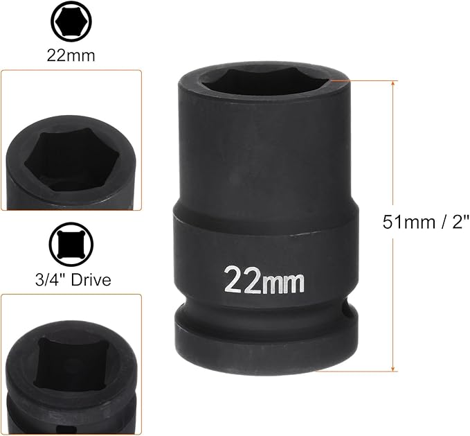 HARFINGTON 6-Point Impact Socket 3/4" Drive 22mm Metric 40Cr Alloy Steel Spindle Axle Nut Impact Socket