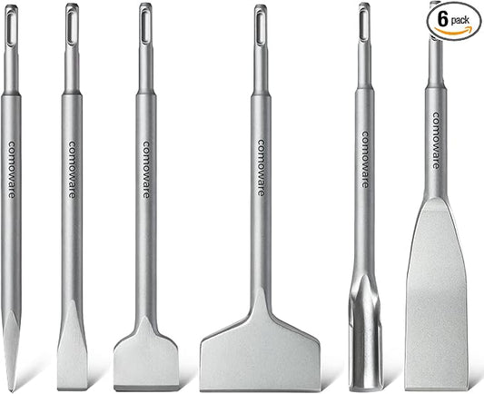 COMOWARE Chisel Set with SDS Plus Shanks, 6Pcs SDS Plus Chisels include Tile Grooving Scraping Flat Point Scaling Chisels 40Cr Steel Rotary Hammer Drill Bits Kit for Home Improvement