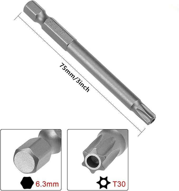 XMHF 10Pcs 75mm/3inch Long 1/4 Inch Hex Shank T30 Torx Head Magnetic Screwdriver Bits Security Tamper Proof Star 6 Point Screw Driver Set