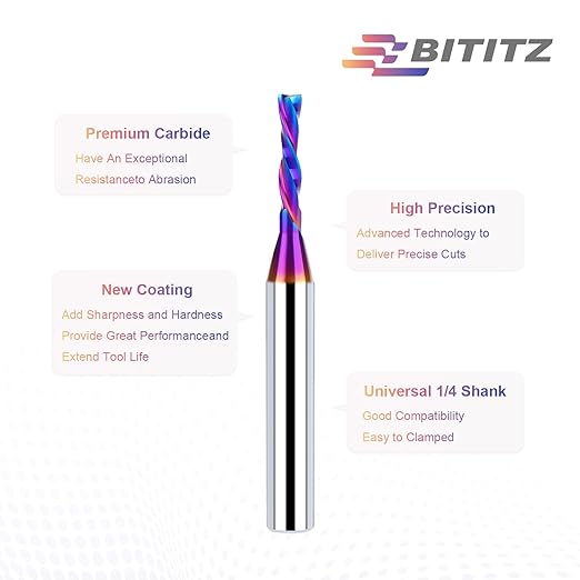 Downcut Spiral Router Bit 1/4 Inch Shank 1/8 Inch Cutting Diameter 1/2 Inch Cutting Length with Extra Long Life Coating CNC Router Bits End Mill for Wood Cutting, Slot Mortise, Engraving