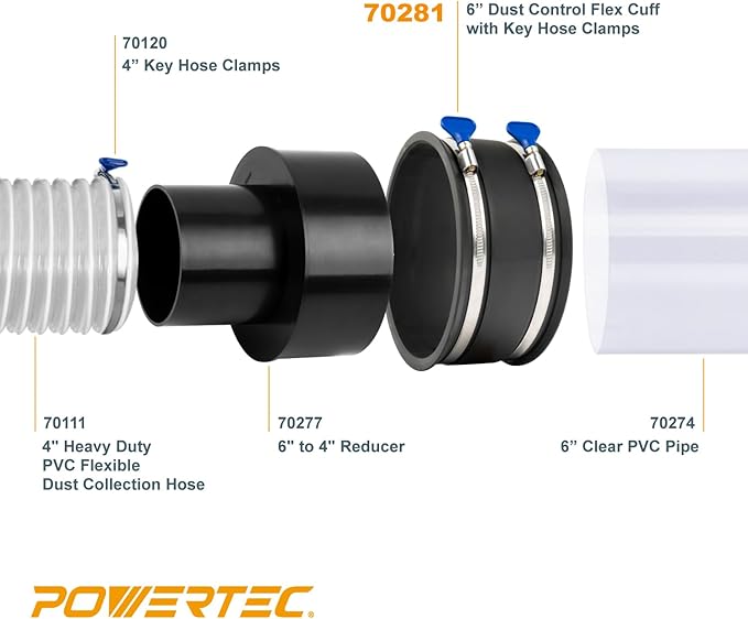 POWERTEC 70260 4 Inch Key Hose Clamp, Thumb Screw Key Adjustable Stainless Steel Hose Clamps for Dust Collection, Dust Collector and Dryer Vent Hose, Pipe Clamp, RV Clamp, Worm Gear Clamp, 10 pack