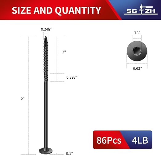 #14 x 5 Inch Outdoor Structural Wood Deck Screws (86Pcs/4lb), Carbon Steel, Black, Flat Head, Rust Resistant Epoxy Coated, T30 Star Bit