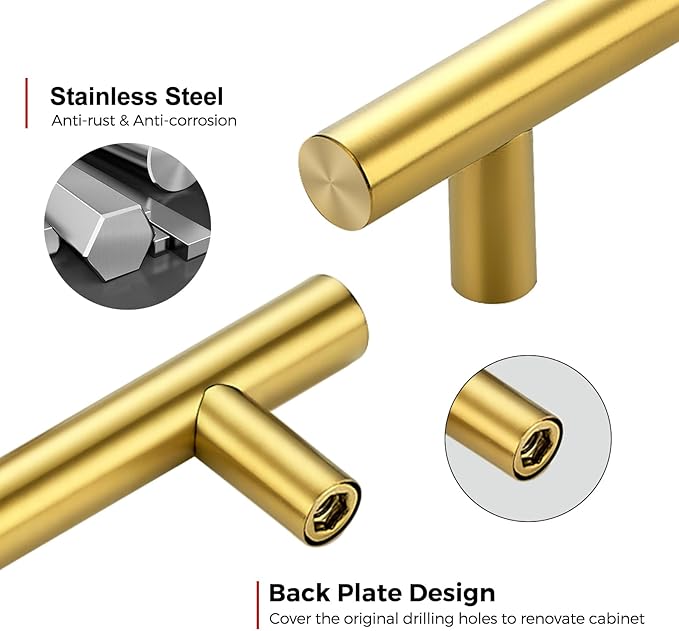 JOY DECOR 25 Pack 7-3/8 Inch Cabinet Pulls Kitchen Cabinet Handles with 5 Inch Hole Center Brushed Brass Cabinet Hardware Stainless Steel Kitchen Drawer Pulls for Cabinets Cupboard, 128mm Hole Centers