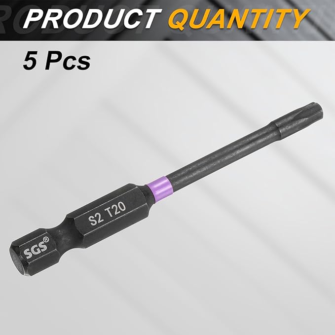 HARFINGTON 5pcs T20 Torx Head Impact Screwdriver Bits 1/4" Hex Shank 2.6" (65mm) Long Magnetic No Hole Tamper Proof 6 Point Star Screw Driver Drill Bits Phosphate S2 Steel Power Tools