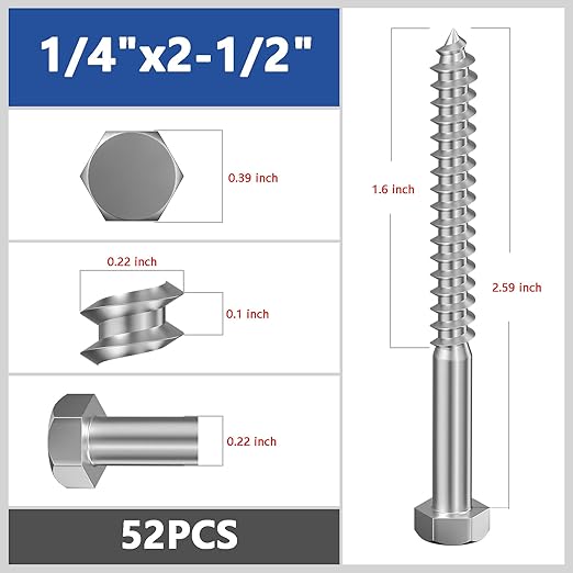 Lag Screws Wood Screws,(52PCS, 1/4" x2-1/2, Silver) Hex Head Lag Bolts,(6x65) Heavy Duty Lag Screws,304 Stainless Steel Bolts 18-8
