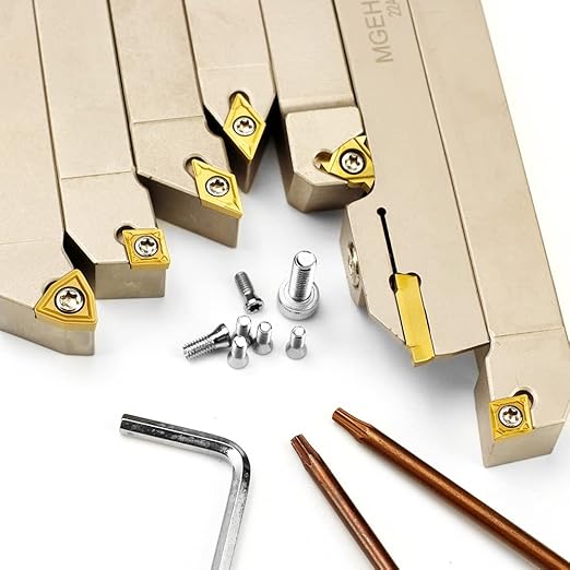 OSCARBIDE 1/2" Shank Heavy-Duty Nickel Plated Indexable Lathe Cutting Tools Set 7 Pieces, CNC & Metal Lathe Tool Holders for Turning, Grooving, Threading, Parting & Cut Off