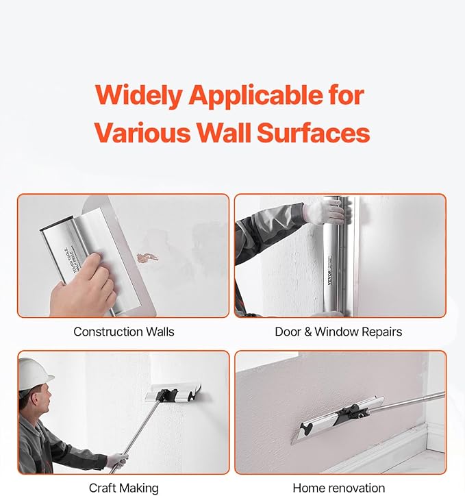 VEVOR Drywall Skimming Blade Set (10/16/24/32/40 inch) with 34-81.6 inch Extension Handle, Professional Stainless Steel Knife for Gyprock, WallBoard, and Plasterboard Skim Coating