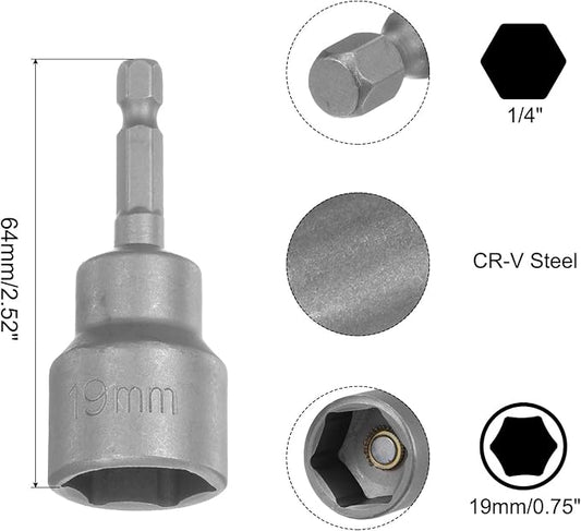 uxcell 19mm Magnetic Hex Socket 64mm/2.52", 1/4" Hex Shank Magnetic Power Nut Driver Set CR-V Quick-Release Extensions for Impact Drill Nut Setters Socket Wrench Screw, 2 Pcs