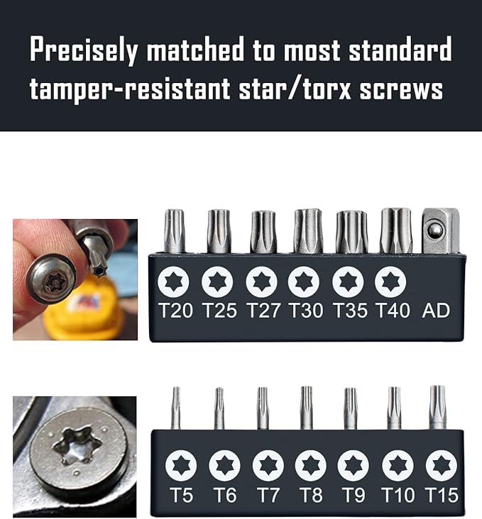 ROTATION 14-Piece Tamper Resistant Star Bits, Chrome Vanadium Steel, T5 - T40 Impact Grade Security Torx Bit Set, 1/4-inch Hex Shank