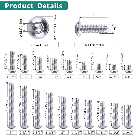 1/4-20 x 2 Button Head Socket Cap Bolts Screws, 304 Stainless Steel 18-8, Allen Hex Drive, Bright Finish, Fully Machine Thread, Pack of 100