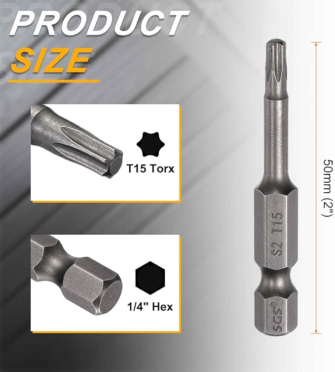 HARFINGTON 2pcs T15 Torx Head Screwdriver Bit 1/4" Hex Shank 2" (50mm) Long Magnetic No Hole Tip Tamper Proof 6 Point Star Screw Driver Drill Bits S2 Steel Industrial Power Screwdrivers