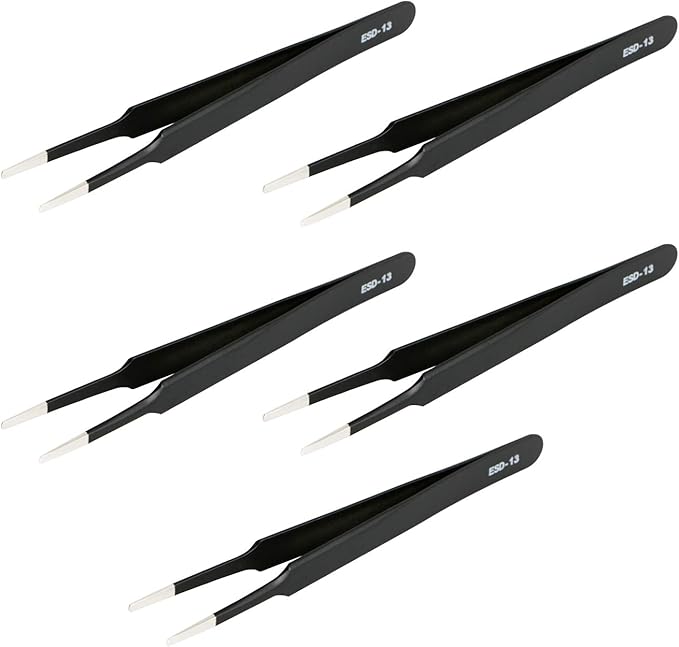 Aoje-Link ESD-13 Professional Anti-Static Precision Technology Tweezers, Non-magnetic Flat and Round, Stainless Steel Plastic Coated, Full Length 120mm, Black, 5pcs