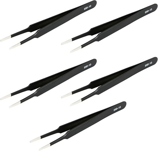 Aoje-Link ESD-13 Professional Anti-Static Precision Technology Tweezers, Non-magnetic Flat and Round, Stainless Steel Plastic Coated, Full Length 120mm, Black, 5pcs