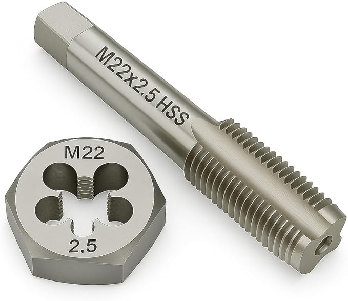 M22x2.5 Metric Tap and Die Set Right Hand HSS Tap & GCr15 Hex Die for Metal Thread Repair