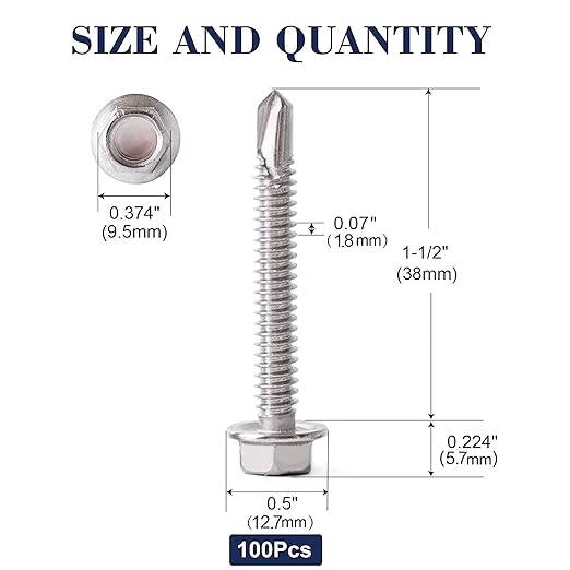 #14 x 1-1/2" Sheet Metal Screws 100PCS 410 Stainless Steel Hex Washer Head Fast Self Tapping Screws by SG TZH