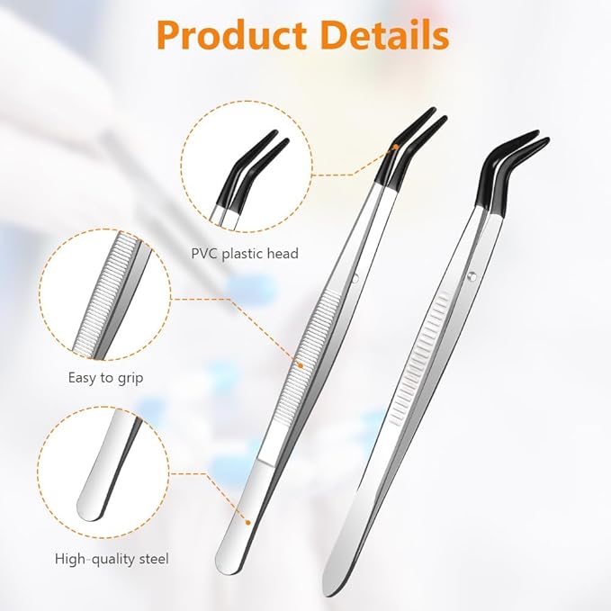Ainiv 4pcs Tweezers with Rubber Tips, PVC Coated Tweezers Set, Rubber Straight/Flat/Long Curved Tips Non Marring Tweezers for Jewelry Crystals Bead, Crafts Making, Lab Stainless Steel Tweezer Tool