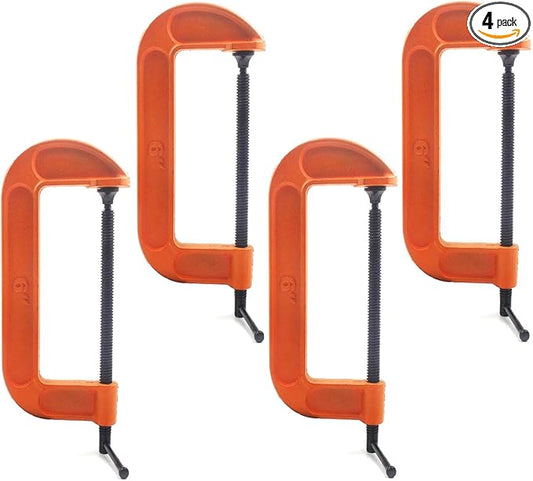 (4 PACK) C Clamps Set 6 Inch Heavy Duty Steel Iron Alloy Versatile G-Clamps, Orange
