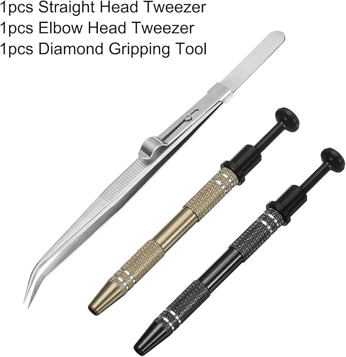 HARFINGTON 3pcs Diamond Tweezer Holder Pick Up Tool Set Stainless Steel 4 Claw Holder Elbow Head Jewelry Locking Tweezer for Tiny Objects Electronic Components, Silver/Brown/Black