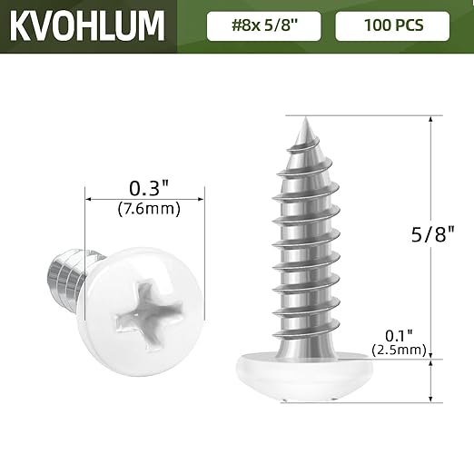 100 PCS #8 x 5/8" White Head Sheet Metal Screws, Pan Head Phillips Fast Self Tapping Screws, Round Head Wood Screws, Screwdriver Bit Included