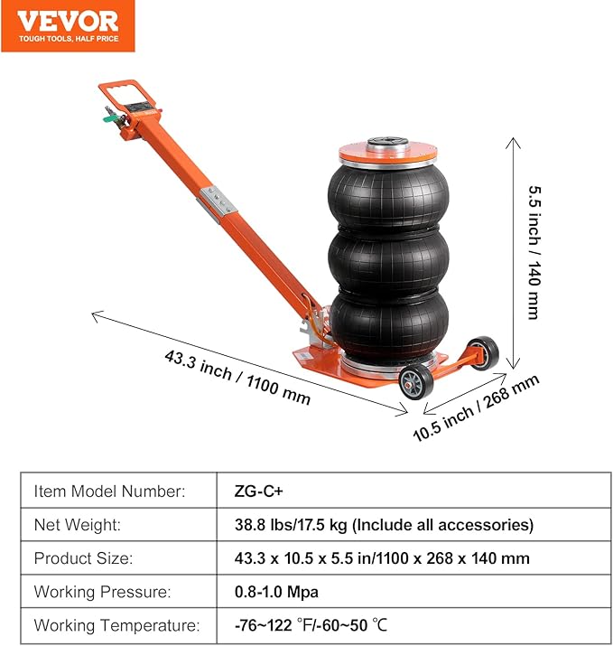 VEVOR Air Jack, 3 Ton/6600 lbs Triple Bag Air Jack, with Heightened Column Lifting Up to 21.3 Inch & Adjustable Handle, with Thick Rubber Pad, 1-6S Lifting Pneumatic Bag Jack Fits for Car, SUV