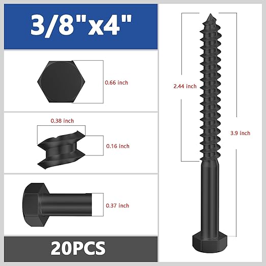 Lag Screws Wood Screws (20PCS, 3/8"x4", Black) Hex Head Lag Bolts,(10x100) Heavy Duty Lag Screws,304 Stainless Steel Bolts 18-8