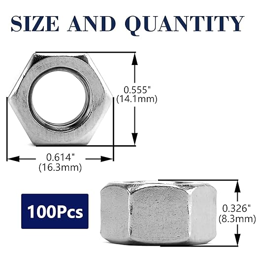 3/8-16 Hex Nuts 100Pcs 304 Stainless Steel 18-8, Full Thread, Hex Drive, Bright Finish by SG TZH