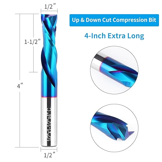 2PCS Spiral Router Bits Up Down Compression Bit 1/2" Cutting Diameter with Nano Blue Coated, 1/2" Shank Solid Carbide CNC End Mill for Wood Carving Engraver Milling Cutters (Extra Long 4??