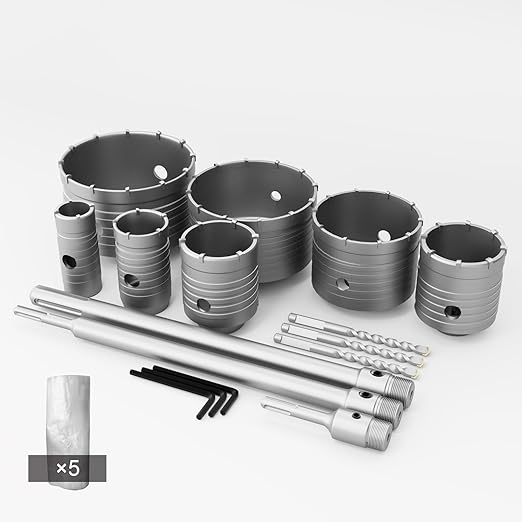 GSTK 7pcs Concrete Hole Saw Set (30mm, 40mm, 50mm, 65mm, 80mm, 100mm, 120mm) with SDS Plus Shank Attachment Bar - Ideal for Concrete, Cement, Brick, Stone, and Walls.