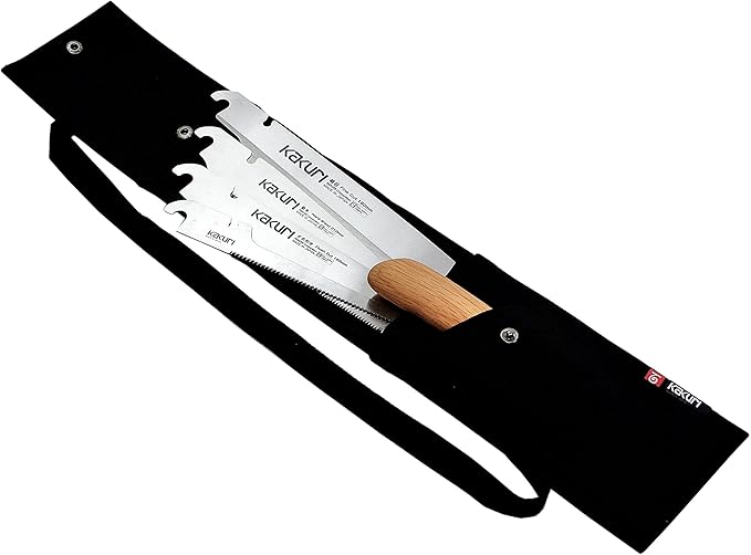 KAKURI Japanese Pull Saw Set for Precision Woodworking - Fine Cut 7", Flush Cut 7", Hardwood 8.2", Keyhole 6" - Red Oak Handles with Oil Finish, Canvas Carrying Case - Made in Japan