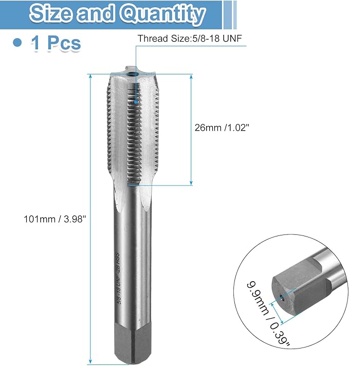 uxcell Hand Bottom Tap 5/8-18 UNF 2B Thread Bottoming Style Threading Taps High Speed Steel HSS6542 Straight Flutes Screw Tapping Tool