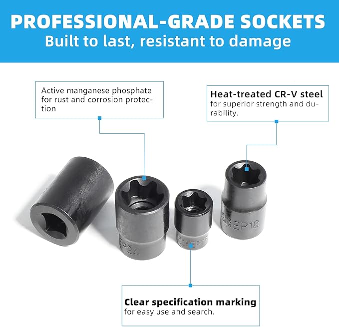 External Torx Plus Socket Set 6 Point EP Socket EP4, EP5, EP6, EP7, EP8, EP10, EP11, EP12, EP14, EP16, EP18, EP20, EP22, EP24, EP26, EP28, EP30, EP32 with 1/2'' 3/8'' 1/4'' Dr E-Torx Plus Sockets 19pc