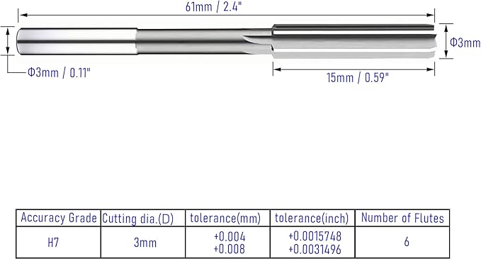 Chucking Reamer 3mm, H7 HSS Cobalt M35 Lathe Machine Reamer Metric, 6 Straight Flutes, Round Straight Shank Milling Cutting Tool, for Stainless Steel Alloy Copper Metal