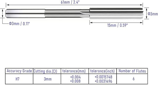 Chucking Reamer 3mm, H7 HSS Cobalt M35 Lathe Machine Reamer Metric, 6 Straight Flutes, Round Straight Shank Milling Cutting Tool, for Stainless Steel Alloy Copper Metal