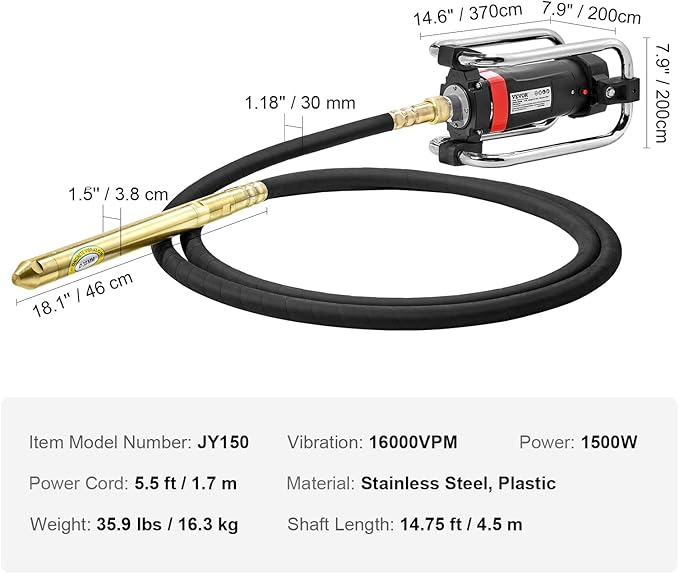 VEVOR Concrete Vibrator, 1300W Power, 16000 Vibrations Per Minute, Durable 2HP Copper Engine, Portable for Construction, Comes with 14.75ft Shaft, Ideal for Removing Air Pockets & Smoothing