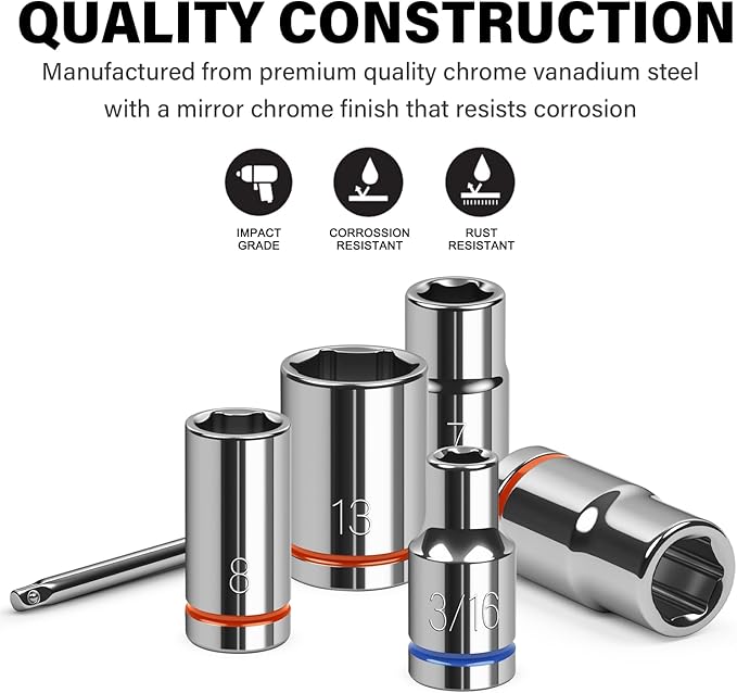 20-Piece 1/4" Drive Shallow Socket Set, SAE/Metric (3/16"-9/16" & 5mm-13mm) with Ratchet & Extension Bar, Premium Chrome Vanadium Steel, 6-Point, with Molded Case