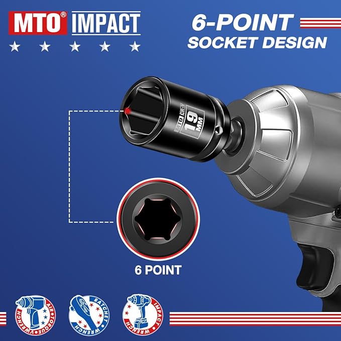 MTO 1/2" Drive 19mm Shallow Impact Socket, 6-Point Metric Socket for Automotive Maintaince, CR-V Steel Meets ANSI Standards
