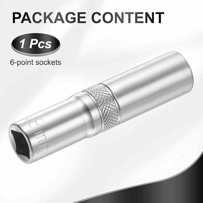 HARFINGTON 6 Points Deep Socket 1/4" Drive 8mm Deep Metric CR-V Steel Polished Nickel Plating Flip Sleeve 50mm / 2" Extra Long Socket Tool for Home Auto Nuts Bolts Repair