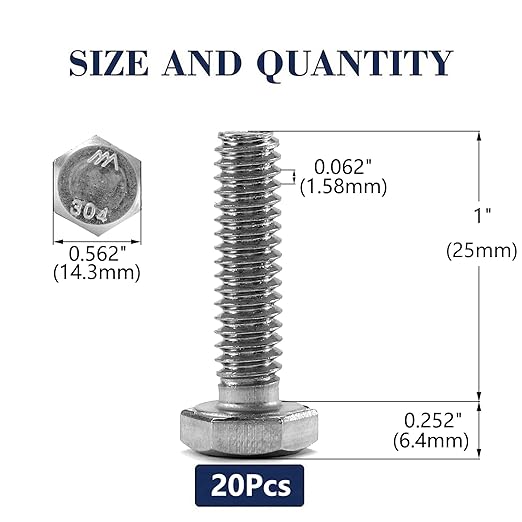 3/8-16 x 1 Hex Head Screw Bolt, 20Pcs 18-8 (304) Stainless Steel, Fully Threaded, Plain Finish, by SG TZH