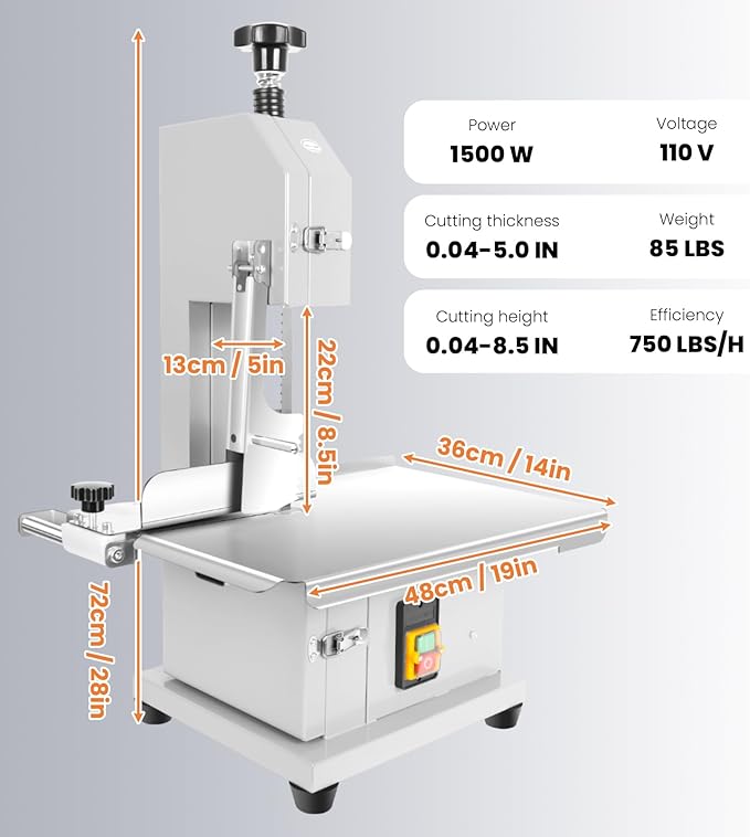1500W Commercial Electric Meat Bandsaw, 19x14" Stainless Steel Worktable, Cuts 0.04-5.0" Thickness, Frozen Meat Cutter with 8 Blades Included, Electric Bone Saw Machine for Rib Pork Beef