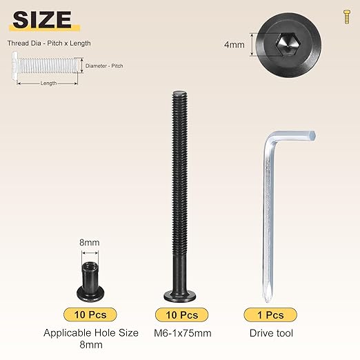METALLIXITY Furniture Crib Screws Replacement Set with Wrench(M6-1x75mm) 20Pcs, Galvanization Connector Bolts M6 Screw Barrel Nuts Binding Screws, for Chair Cabinet Bed, Black