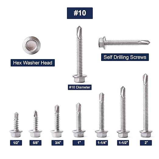 #10 x 1 Sheet Metal Screws 100PCS 410 Stainless Steel Hex Washer Head Fast Self Tapping Screws by SG TZH