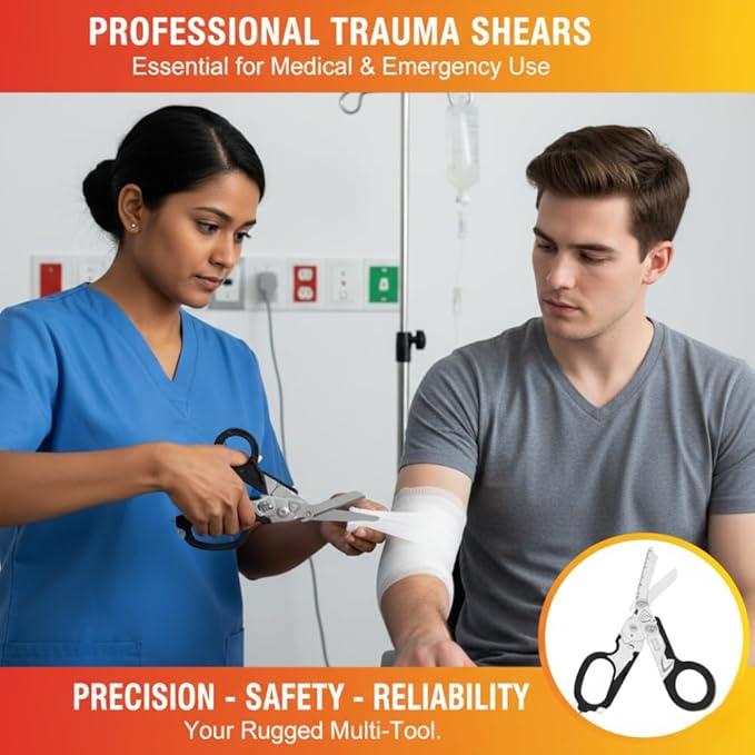 Pro 6-in-1 Foldable Trauma Shears with Strap Cutter, Stainless Steel Medical Scissors for Nurses, Raptor Trauma Shears Holster with Glass Breaker, Surgical EMT Scissors for Nursing Students & Doctors