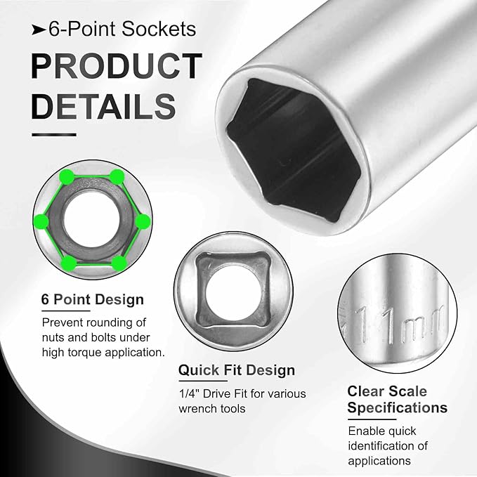 HARFINGTON 6 Points Deep Socket 1/4" Drive 11mm Deep Metric CR-V Steel Polished Nickel Plating Flip Sleeve 50mm / 2" Extra Long Socket Tool for Home Auto Nuts Bolts Repair